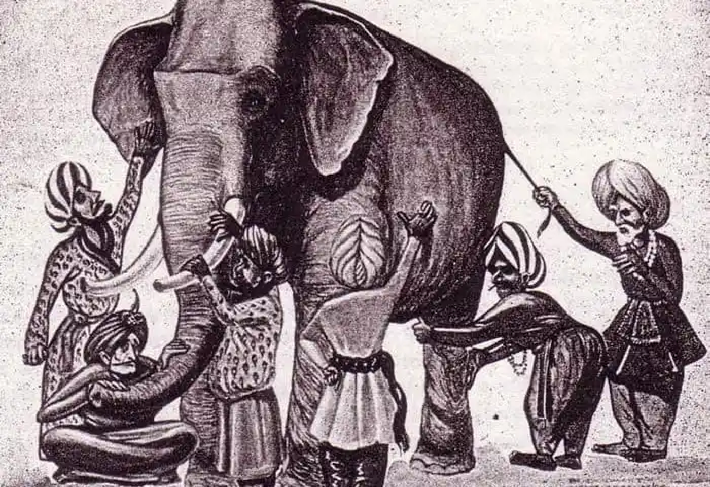 A black and white image of five men touching an elephant.