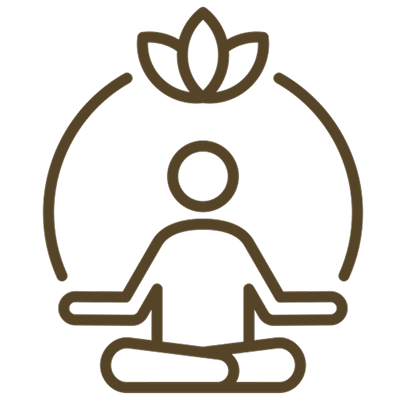 A line image of a person sat down surropunded by a circle with a lotus leaf above it.