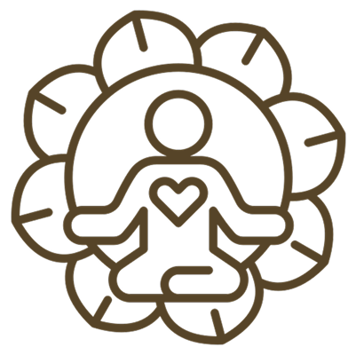 A line drawing which depicts a person sitting, with a big heart in their chest, whilst behind the person is a flower.