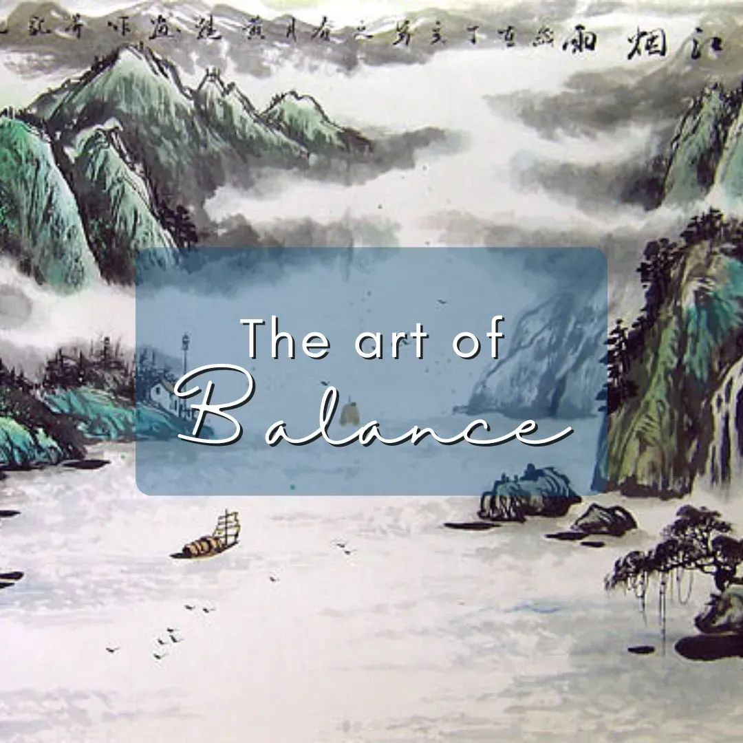 Chinese ink wash painting with mountains, water, boat, and text