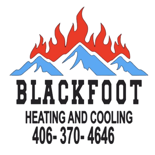 Logo for Blackfoot Heating and Cooling featuring a blue mountain icon with red flames and contact phone number 406-370-4646.