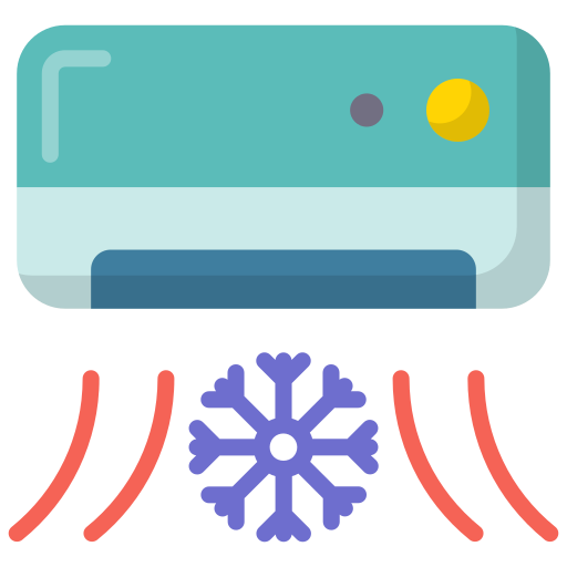 A wall-mounted air conditioner unit in teal and light blue with a purple snowflake icon and wavy lines indicating cool air.