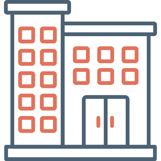 A minimalist icon of a multi-story building with a tall tower section, rectangular windows, and double doors in blue and red.