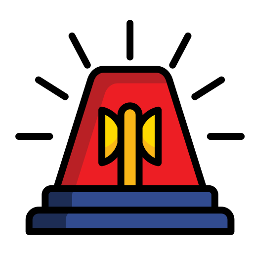 A red emergency siren with yellow light beams and a blue base against a white background.