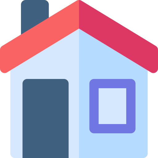 A simple icon of a house with a red roof, a blue chimney, a dark door, and a light blue square window.