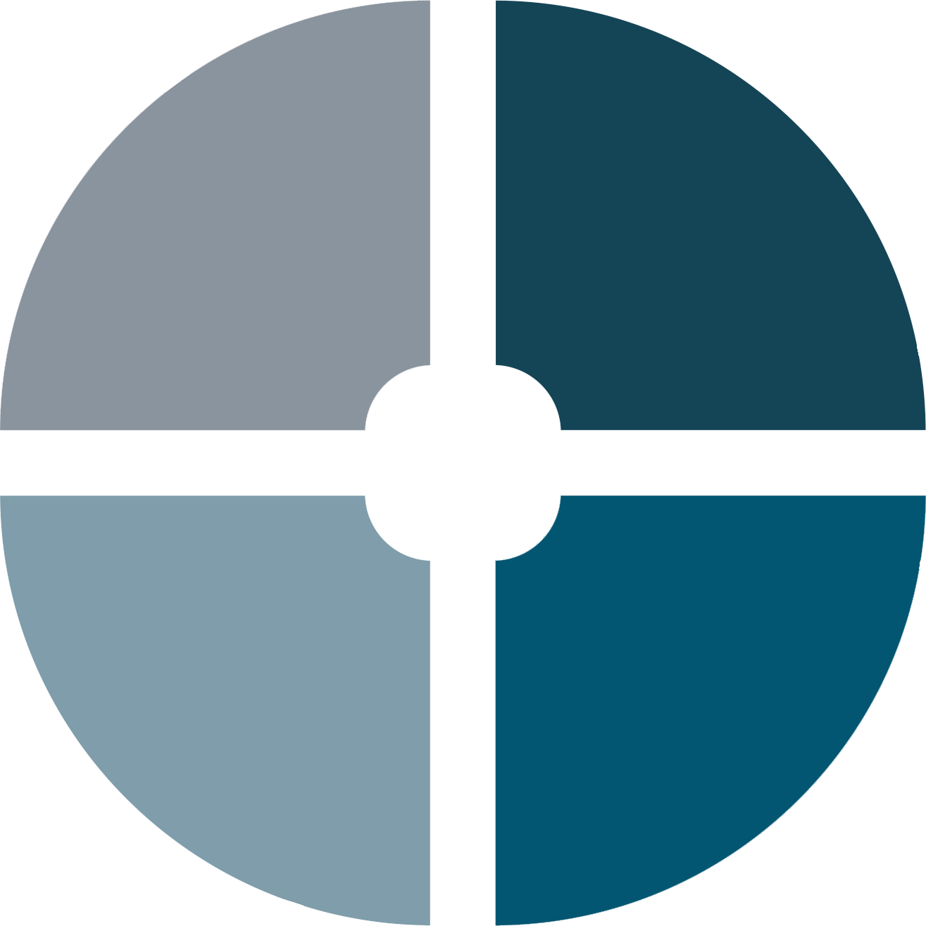 Abstract circular logo with four teal and gray quadrants divided by white crossbars and a white center circle