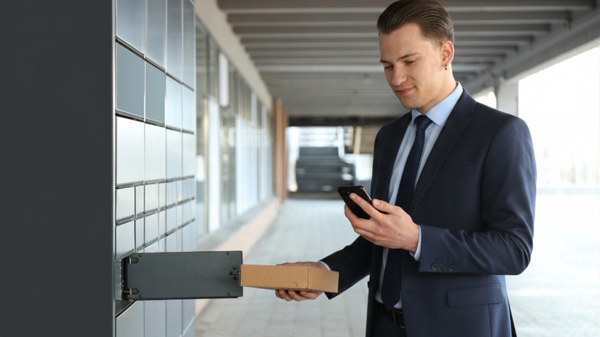 Man in a suit using a smartphone beside an open wall-mounted mailbox in a hallway