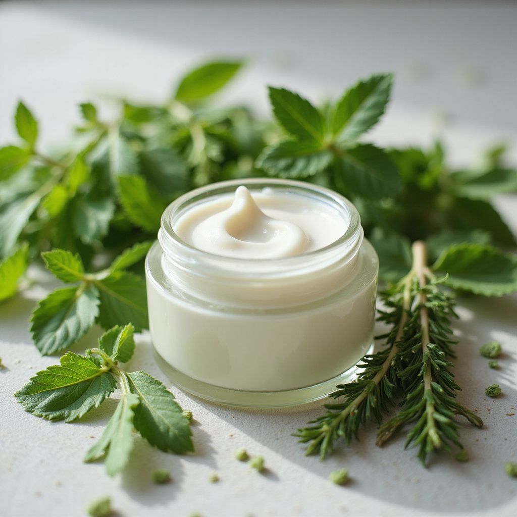 $14.56 Jar of cream surrounded by green leaves, on a white surface.