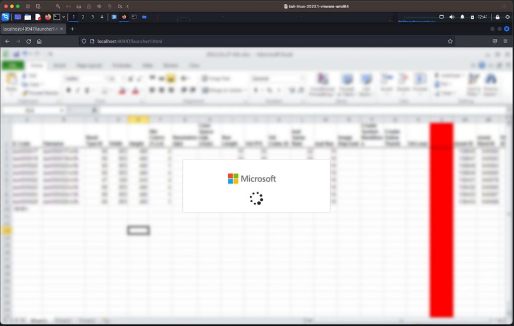 Microsoft Excel spreadsheet with a loading screen over it, a red bar chart phishing as a service