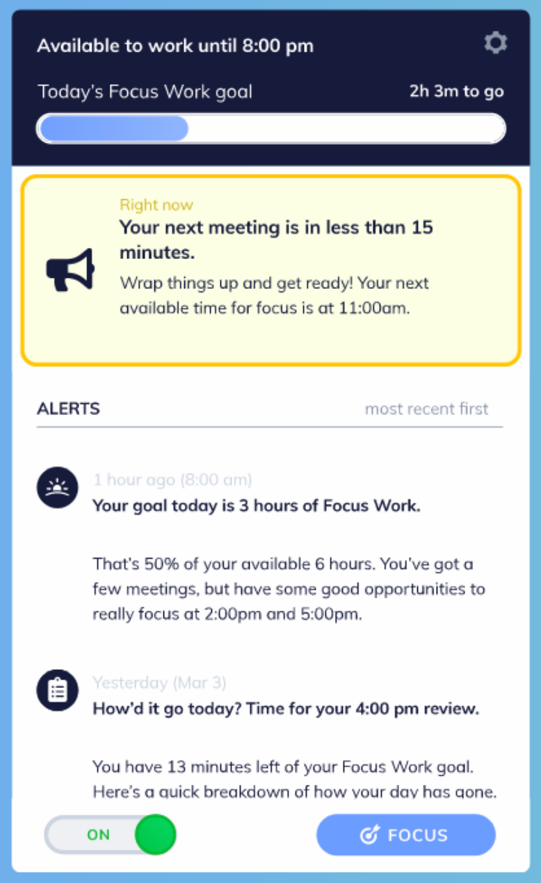 Mobile app screen: Focus work goal tracker with alerts for upcoming meeting and focus time opportunities.