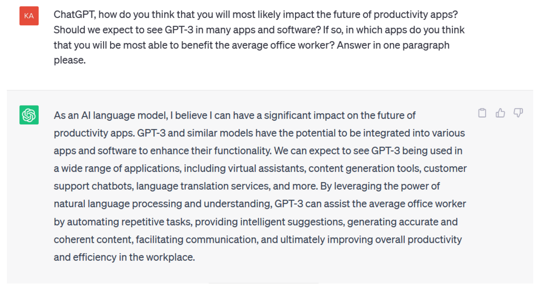 ChatGPT discussing the future of its use in apps. It shows a chat with a question and an answer.