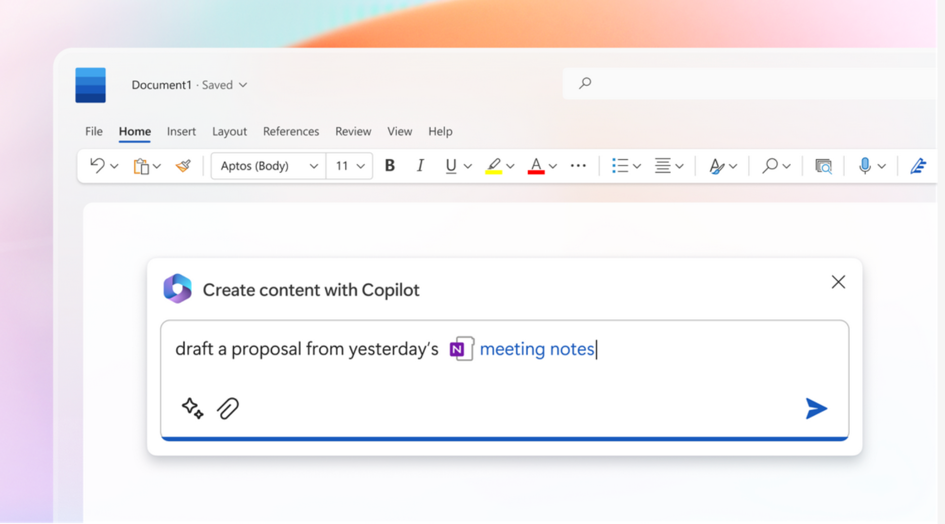 Screenshot of a Copilot text box in an Office app with typed prompt: 