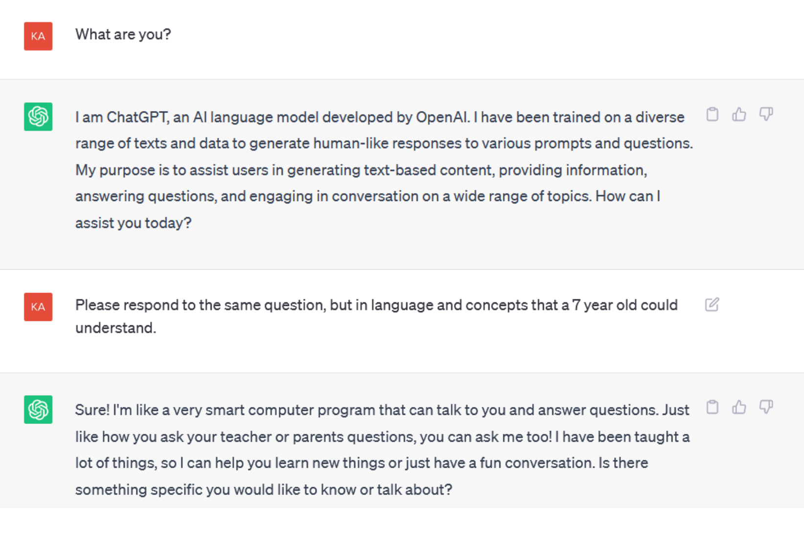 Screenshot of a ChatGPT conversation, explaining what it is in different tones, including one suitable for a 7-year-old.