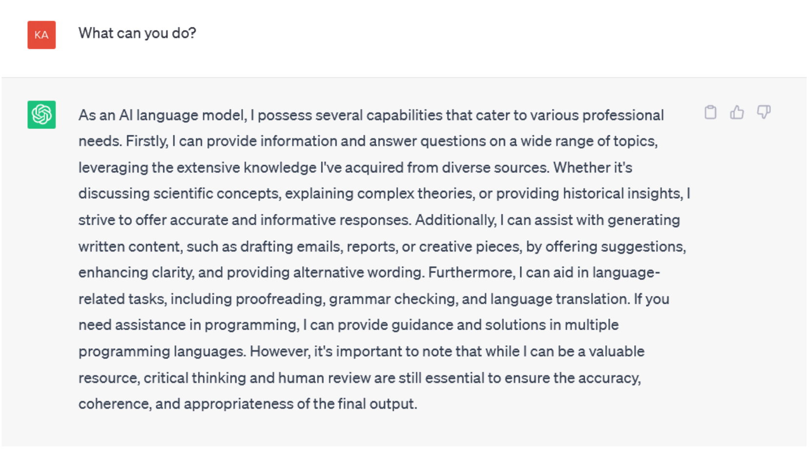 ChatGPT text on a white background, describing its capabilities.