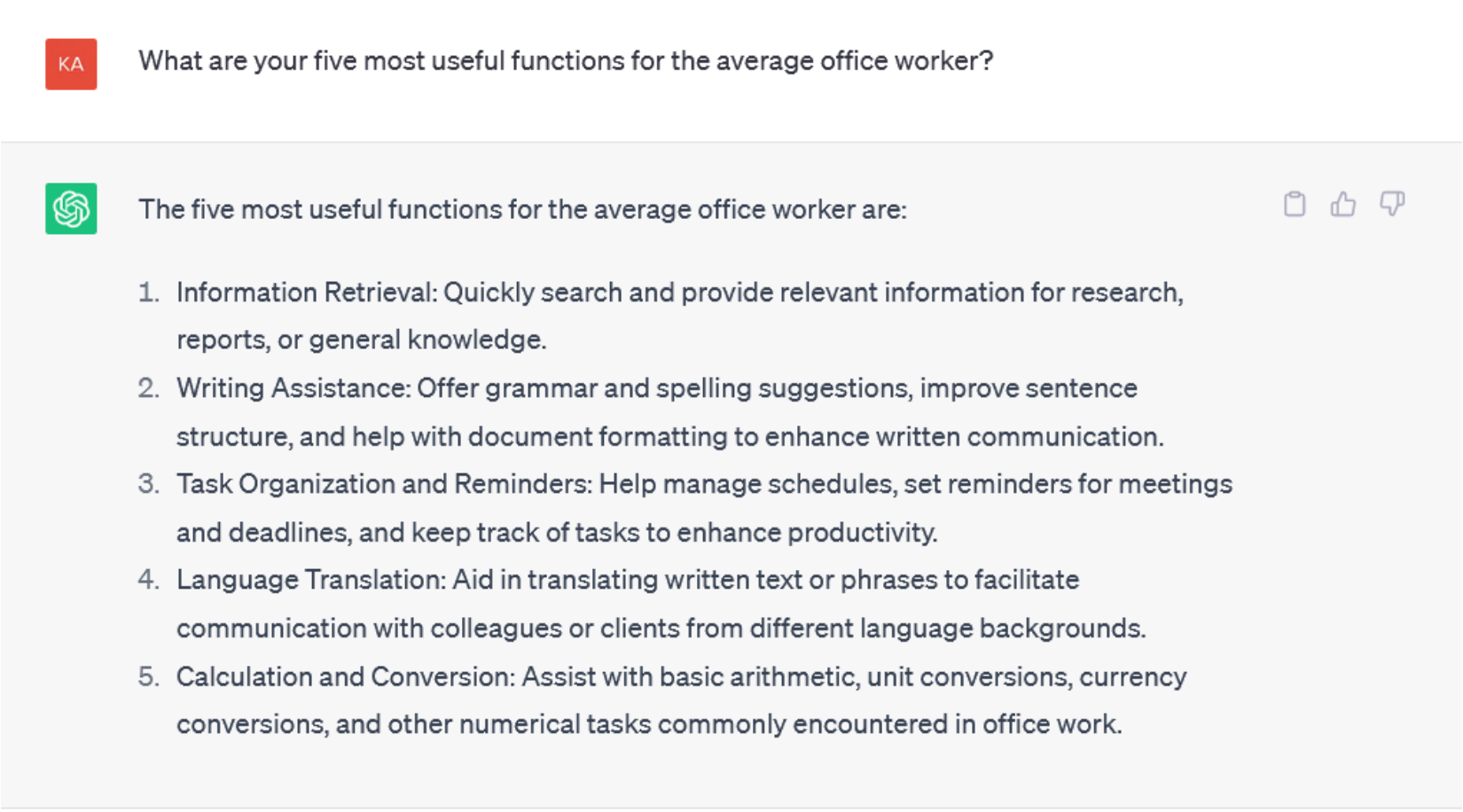 A ChatGPT response listing its uses