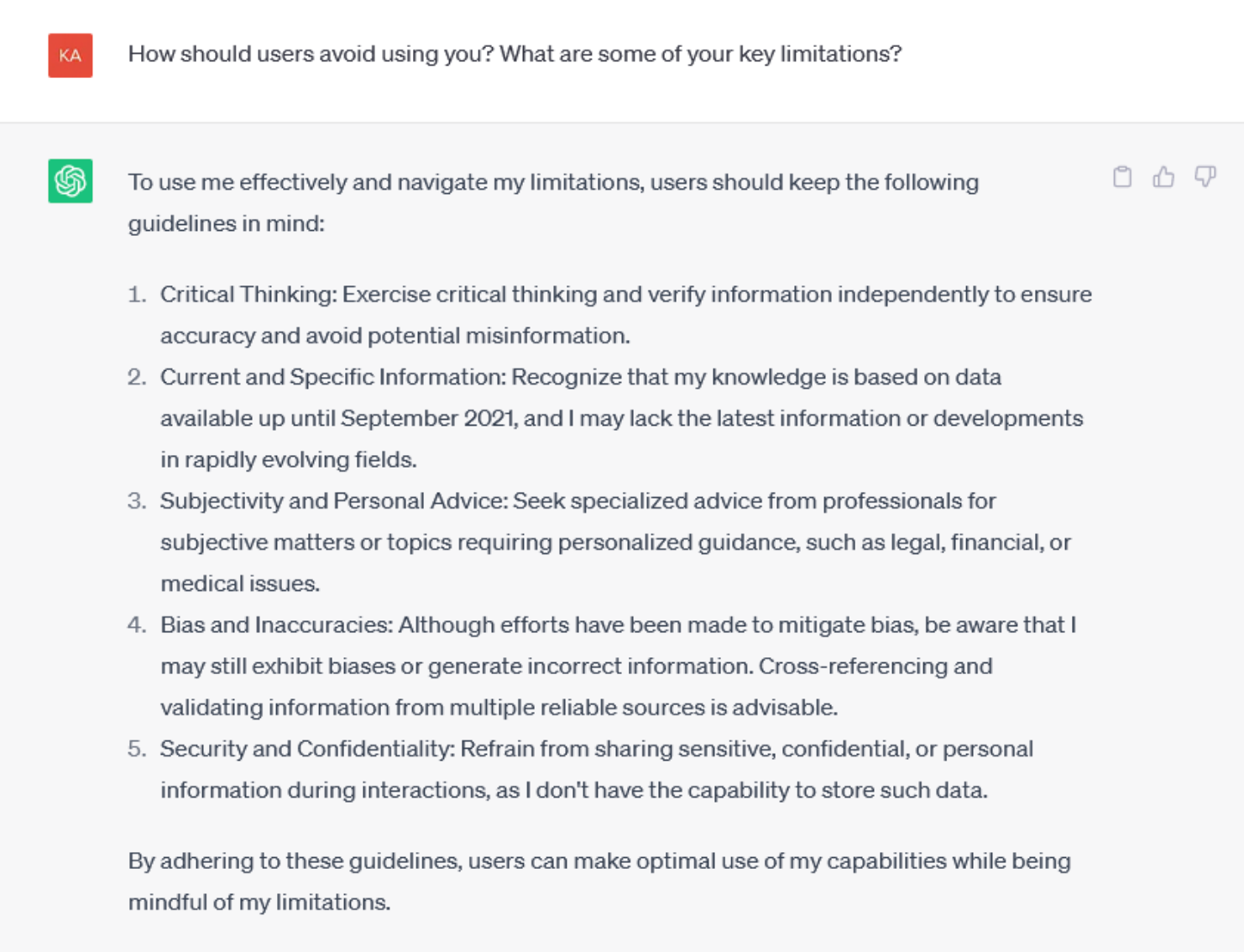 Text describing limitations of AI, including critical thinking, knowledge limits, and subjective matters.