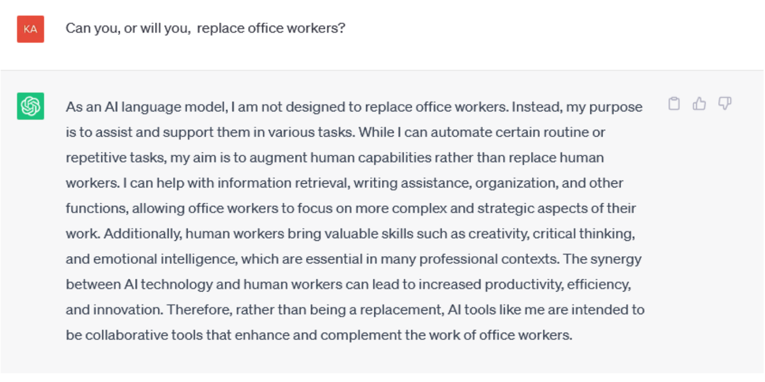 AI language model's response on how AI can help workers, including information retrieval and organizing.
