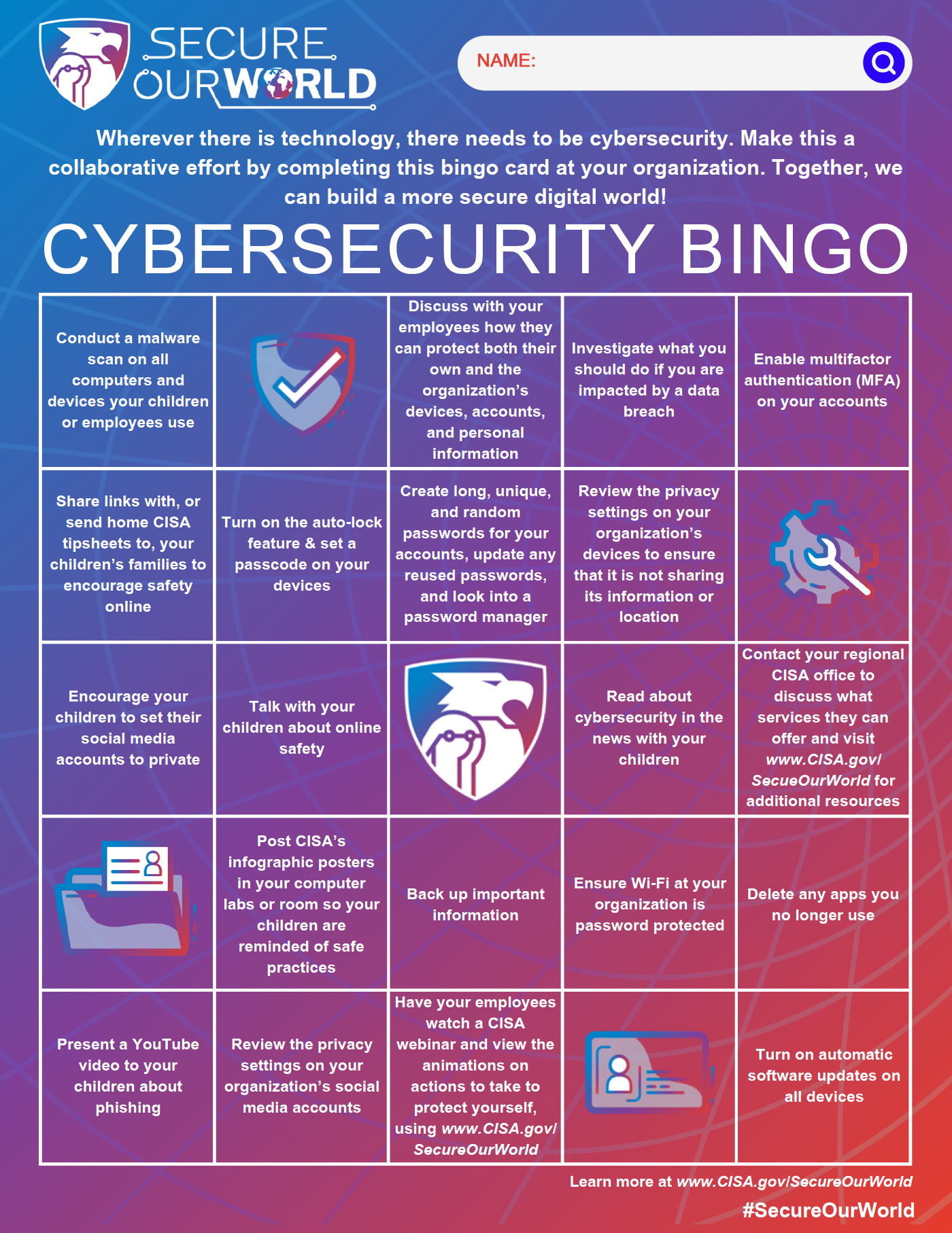 A cybersecurity bingo board that is purple and blue