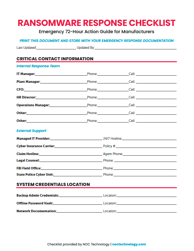 Ransomware Response Checklist for manufacturers. Lists critical contact info and system credentials for emergencies.