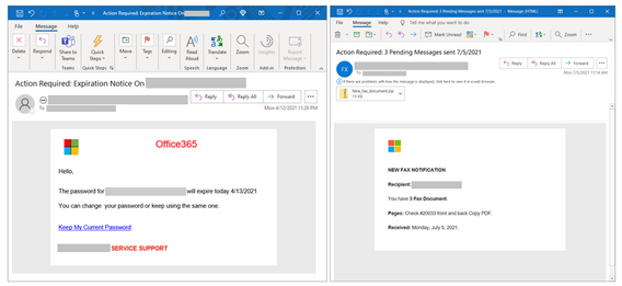 Two Microsoft Outlook emails: password update request and pending messages.