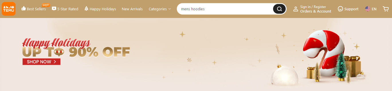 Happy Holidays sale with a candy cane and gifts, up to 90% off.