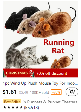 Cat toy advertisement: wind-up plush mice in black, brown, and tan, with a playful kitten.