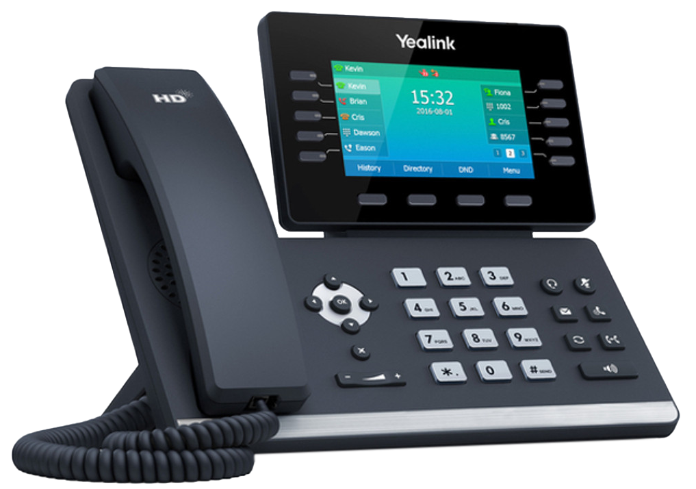 Two black Yealink office desk phones with touchscreen displays and keypad controls