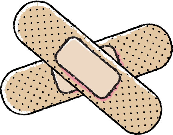 Two crossed adhesive bandages, beige with black dots, one centered over the other.