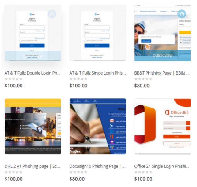 Various phishing page templates: AT&T, BB&T, DHL, DocuSign, and Office 365, each with a price.