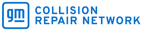 GM Collision Repair Network logo: Blue box with 