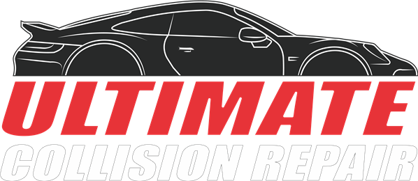 Black car silhouette above red "ULTIMATE" text and white "COLLISION REPAIR" text.