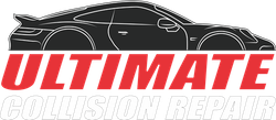 Black car silhouette above red "ULTIMATE" text and white "COLLISION REPAIR" text.