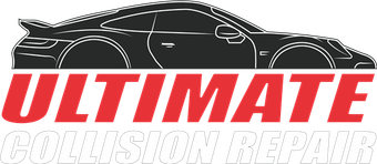 Black car silhouette above red "ULTIMATE" text and white "COLLISION REPAIR" text.