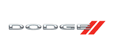 Dodge logo with silver letters and two red angled stripes on white background.