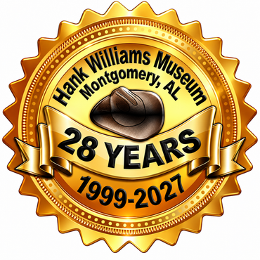 Gold anniversary badge for Hank Williams Museum, Montgomery, AL, celebrating 28 years (1999–2027)