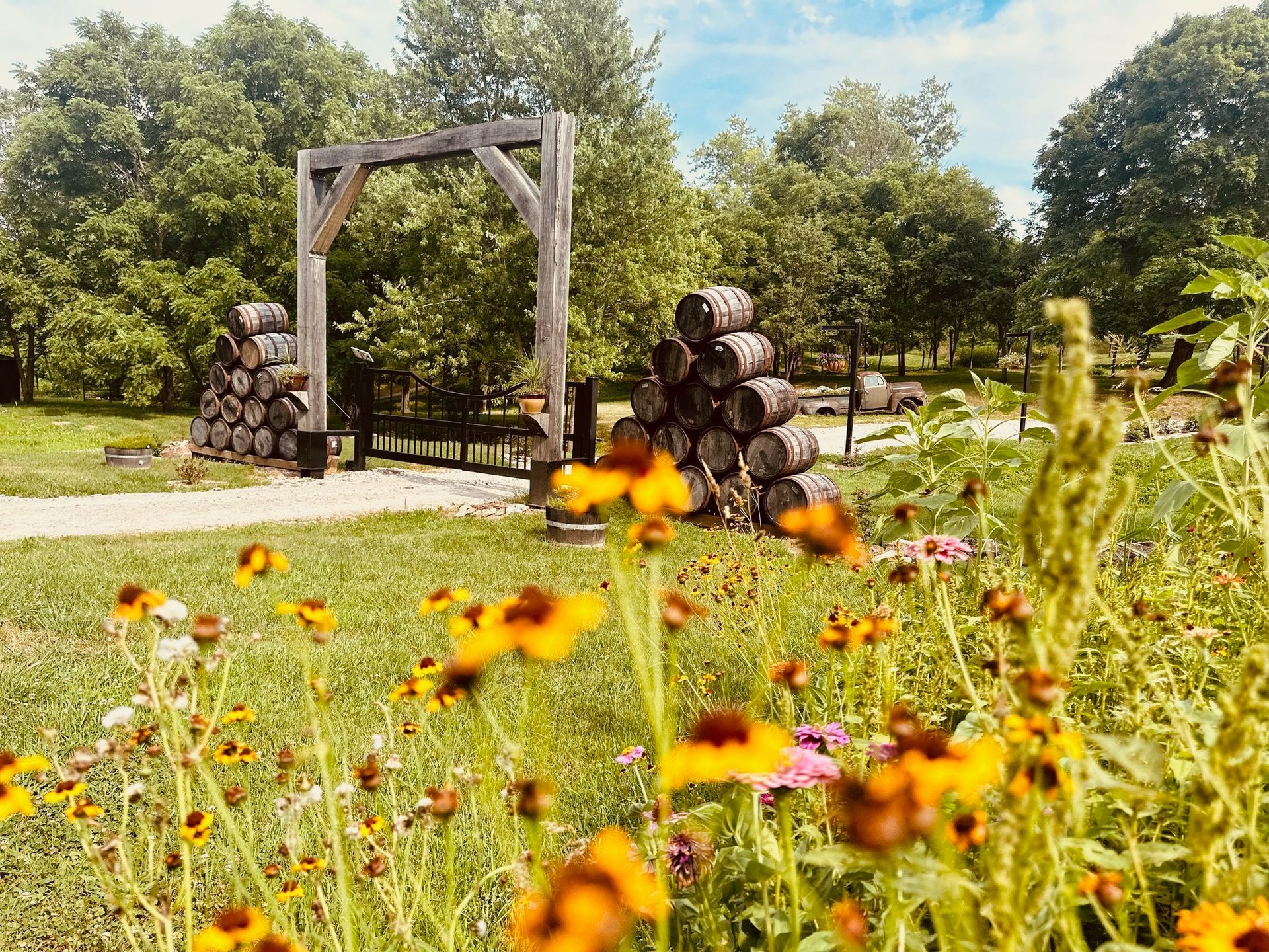 Flowers in a field lead to stacked barrels and a wooden archway in a grassy park.