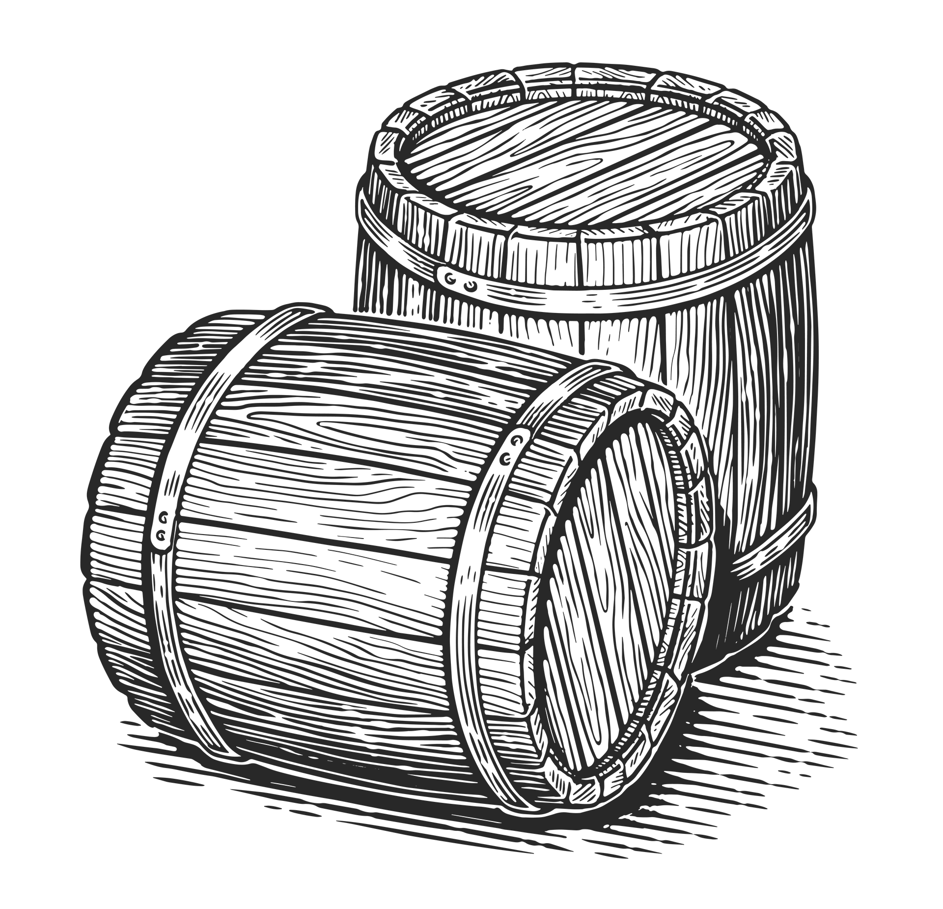 A black and white drawing of two wooden barrels stacked on top of each other.