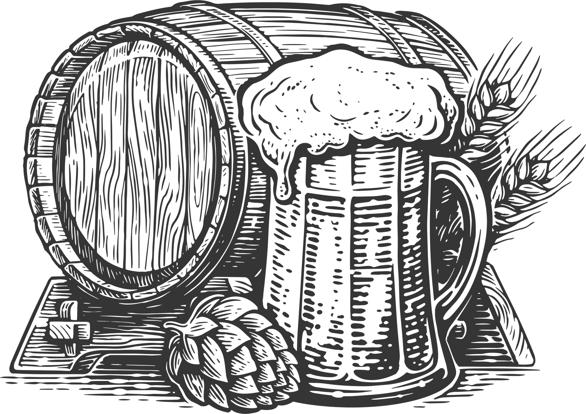 A black and white drawing of a barrel of beer , a mug of beer , hops and wheat.