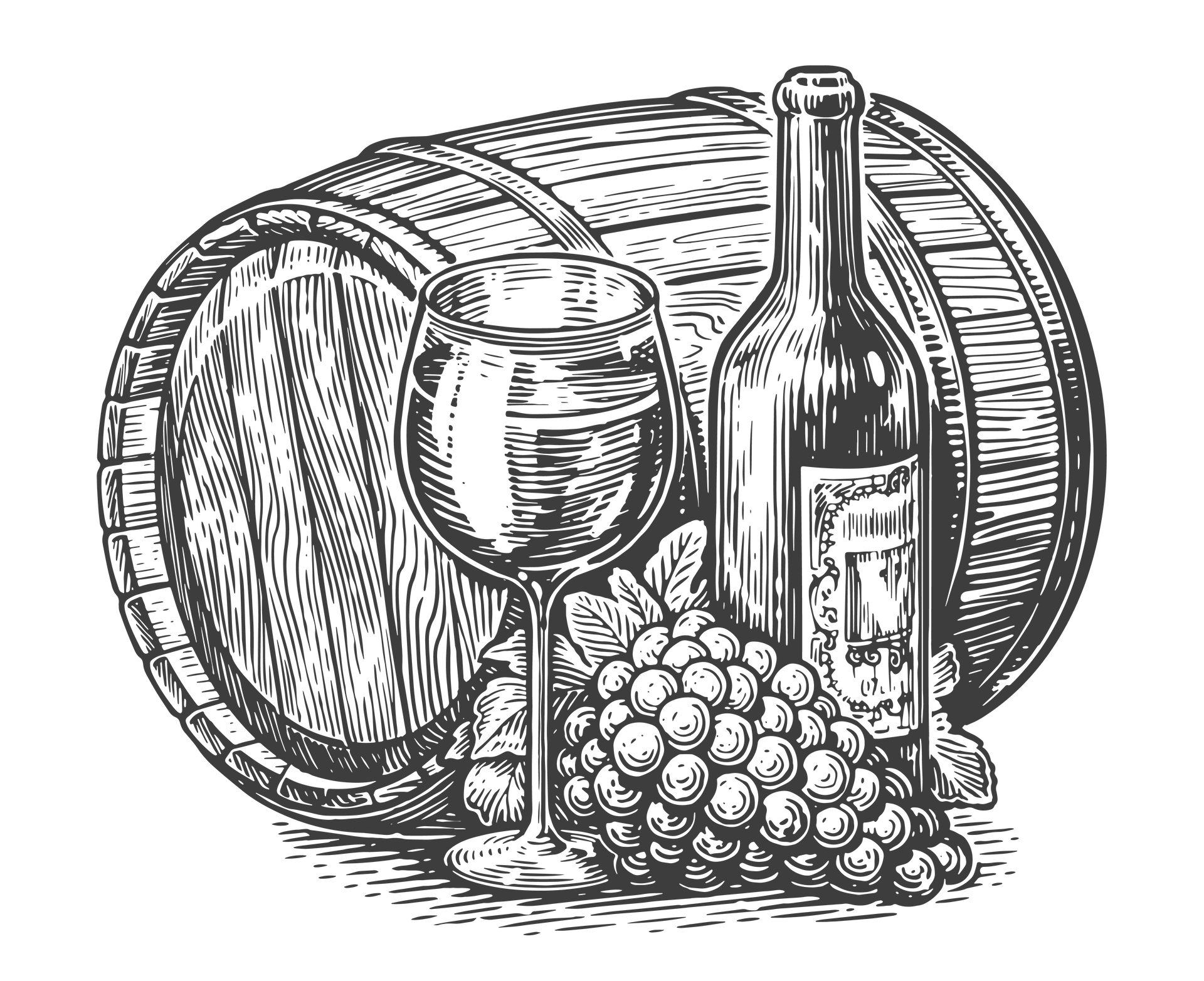 A drawing of a barrel , a bottle of wine , two glasses of wine and grapes.