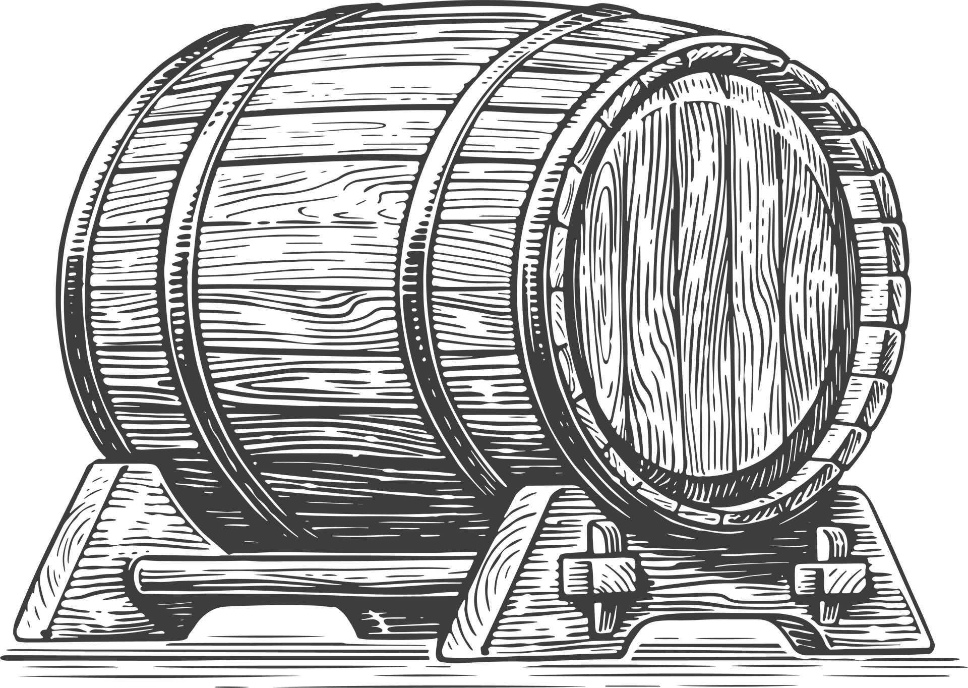 A black and white drawing of a wooden barrel on a stand.