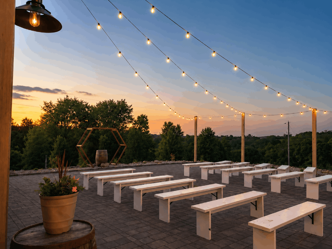 Outdoor ceremony space at Bourbon Barrel Cottages with white benches, hexagon arch, and string lights at sunset