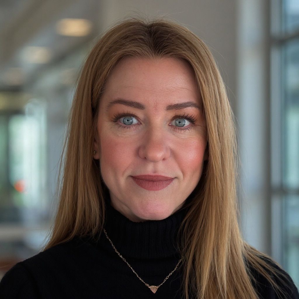 Portrait of a woman with long brown hair and blue eyes, wearing a black turtleneck in a bright hallway