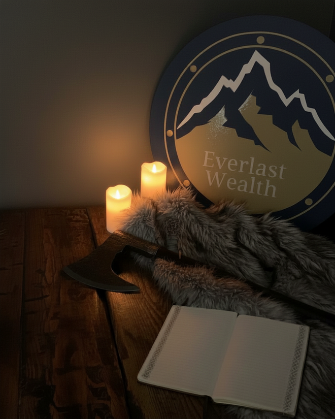 Candles, a fur throw, axe, and notebook beside an Everlast Wealth shield in a dim room