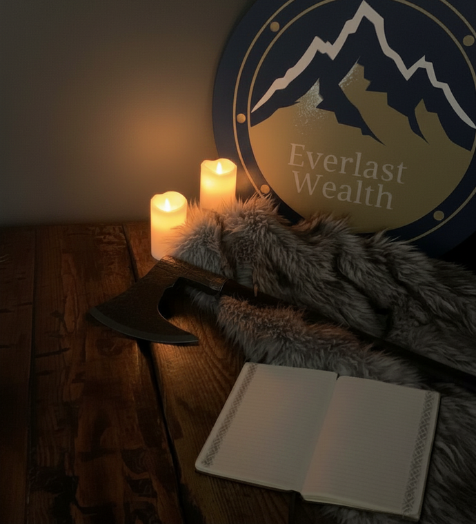 Candles, fur throw, open notebook, and Everlast Wealth logo in a warm, dim office setting