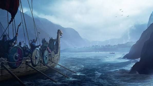 Canoe on a misty blue river beside tall cliffs and distant mountains at dawn
