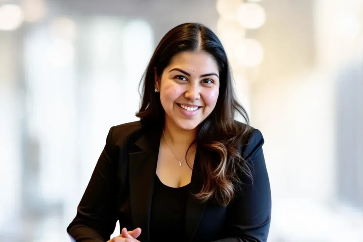 Smiling woman in a black blazer seated against a bright blurred background