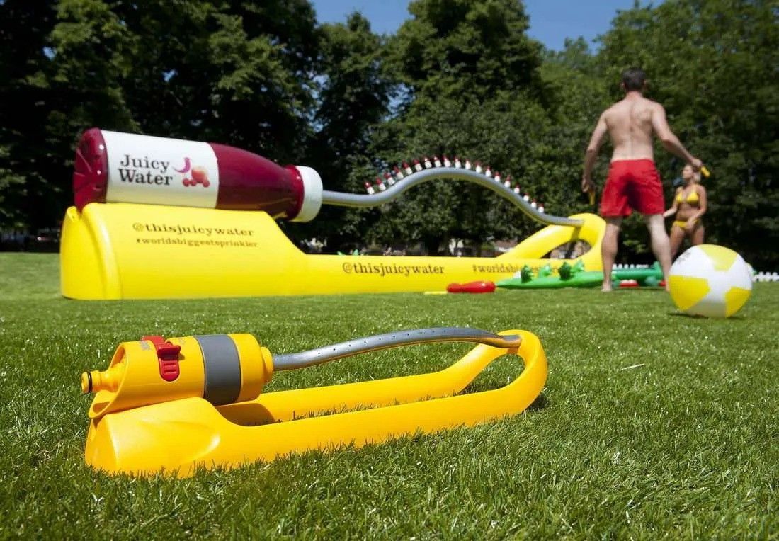 Functional 3D printed Juicy Water branded sprinkler