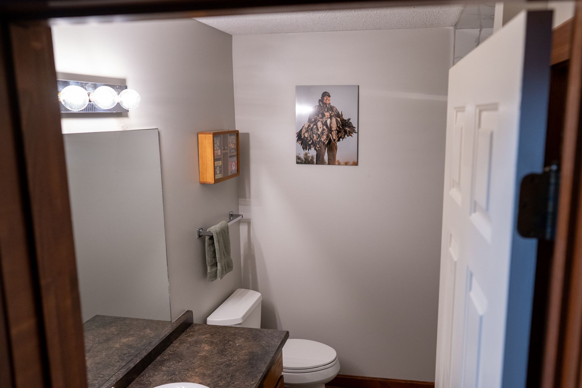 A bathroom with a toilet , sink , mirror and picture on the wall.