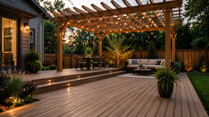 pergola with a view of a nice house and backyard