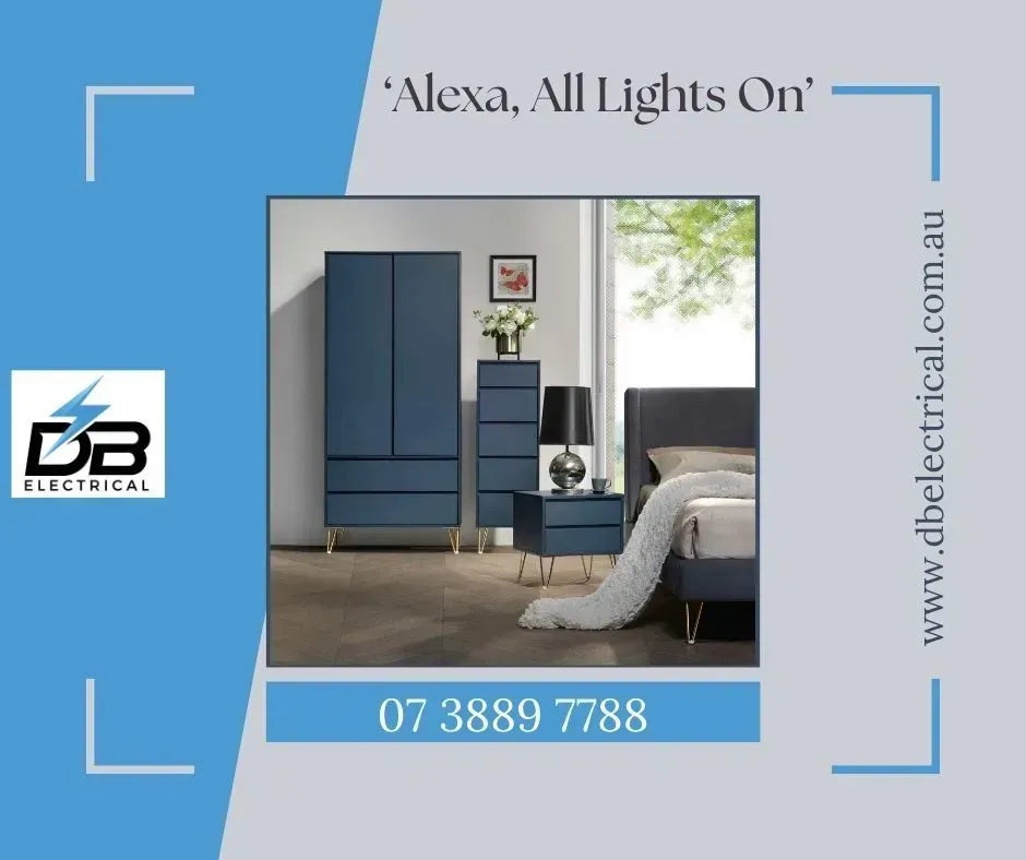 An Ad For DB Electrical Shows A Bedroom With Blue Furniture – Brendale, QLD - DB Electrical